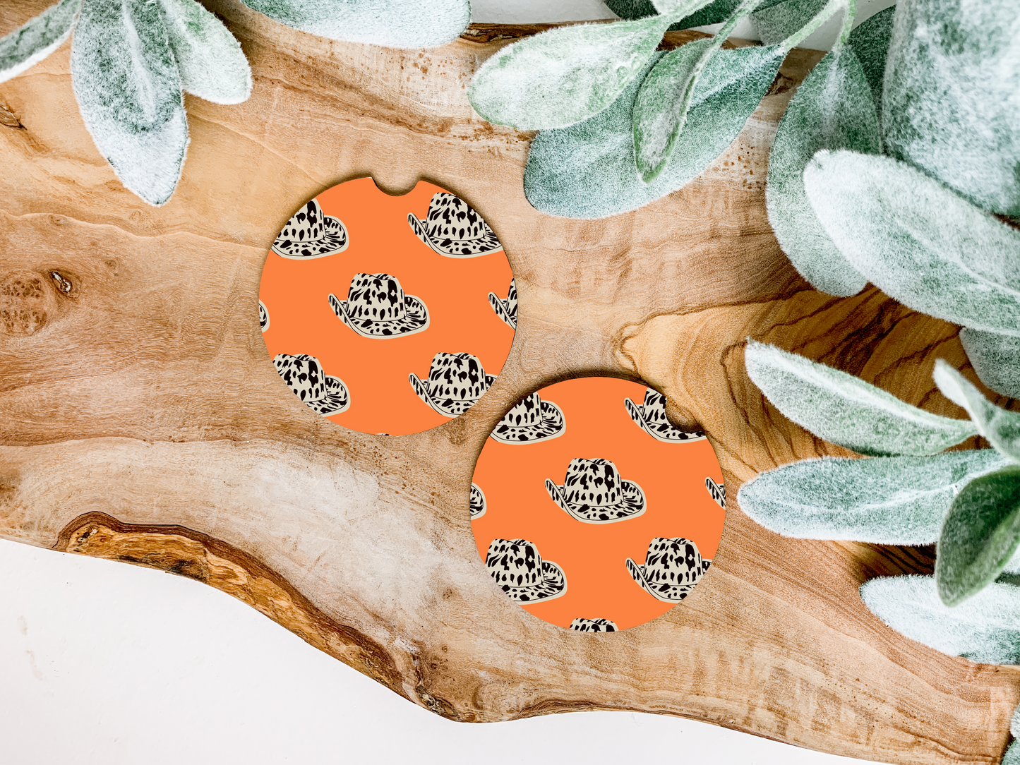 Orange Leopard Cowboy Hat Car Coasters